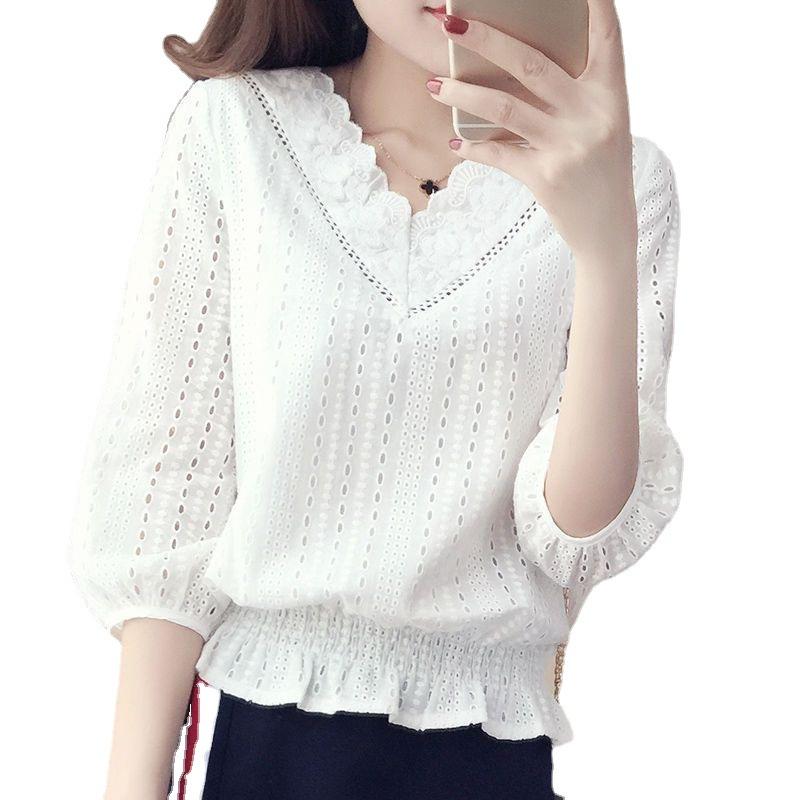 Moda noua cu decolteu in V din dantela ocazional bluză femei cu jumătate de mânecă elegantă cămașă albă lejeră femei solide vintage bluze marimi mari Topuri haine feminine 1088