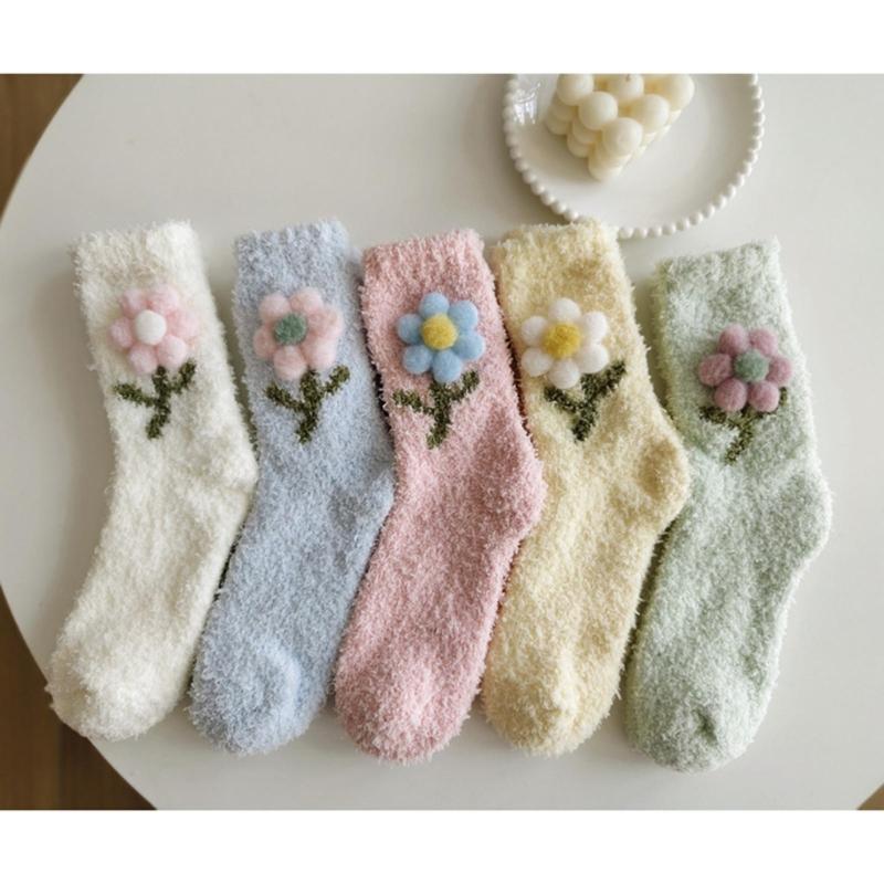 Japanese Women Girl Cute Coral Fleece Slipper Socks 3D Plush Flower Thicken Warm Thermal Fuzzy Floor Sleeping Socks