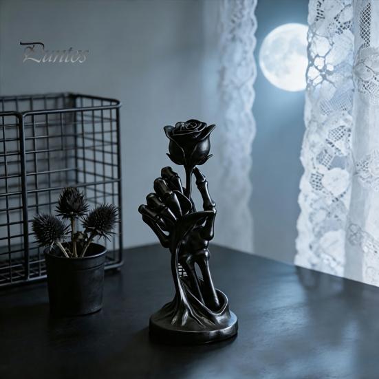 Dark Romantic Figurine Skeleton Hand Holding Rose Ornament, 3D Printed Gothic Aesthetic Exquisite Detailed Art Niche Decor, Stable Base Compact