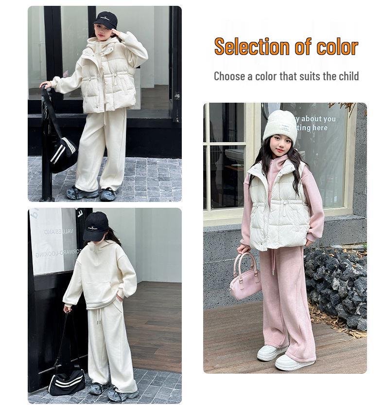 Girls' Fleece-Lined Sweatshirt Three-Piece Set - 2024 Autumn/Winter Trendy Casual Sportswear