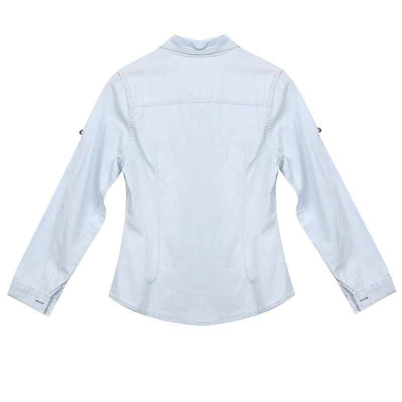 Sommermode Damen Lässige Langarm-Tops Weiches Jeans-Denim Langarmhemd Tops Bluse Jacken Femenino Camisas De Mujer