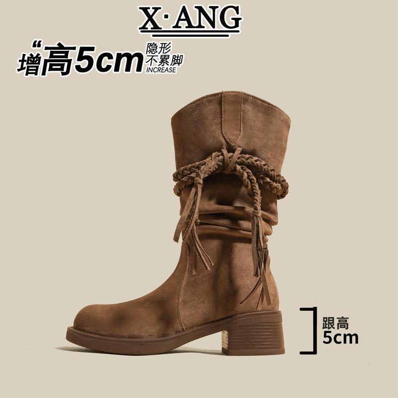 Cowhide version retro wasteland fringed stacking boots women's thick heel knight boots western cowboy boots slim Martin boots