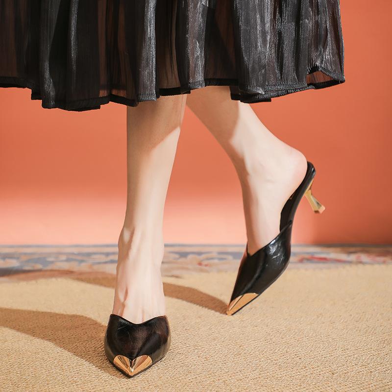 Baotou Half Slippers Women Wear Pointed High Heels Thick Heels Cool Slippers Women's New High Heels Slippers Large Size
