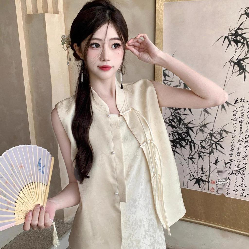 Elegant Summer Maxi Dress & Waistcoat Set with Chinese Frog Button Stand Collar