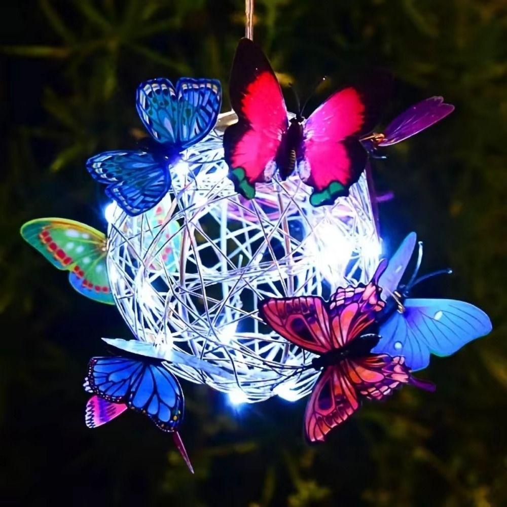 Waterproof Solar Butterfly Ball Light Solar-Powered Colorful Butterfly Solar Hanging Light Metal Weaving Decorative