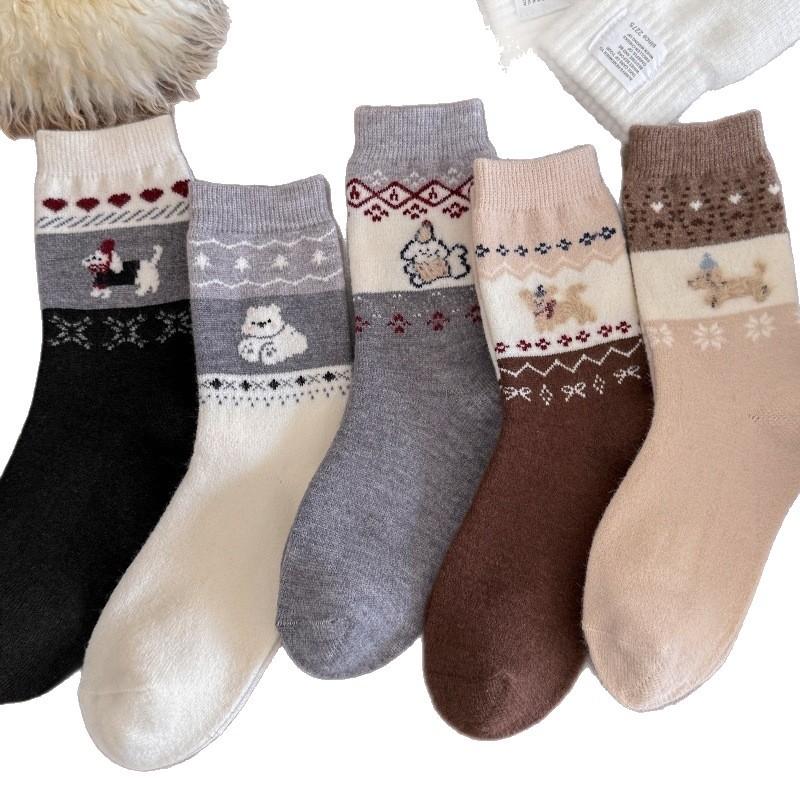 Cartoon Wool Socks Children'S Tube Socks Season Thickened Warm Flocking Retro Puppy Stockings