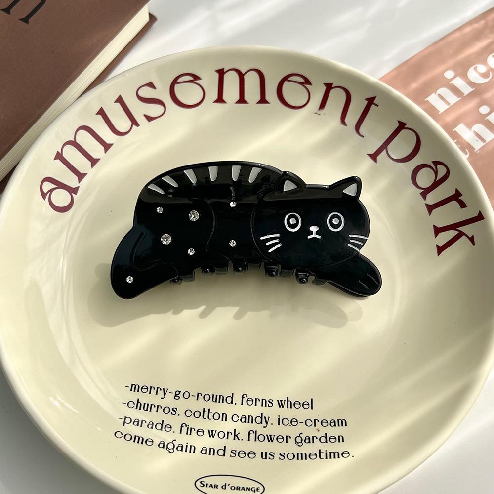 1 Stück Neue schwarze und weiße Katze Kratzspange, niedliche Katze mit großen Augen, Punkt-Diamant hoher Pferdeschwanz Haarspange, Tierhaarspange, Haiklammer