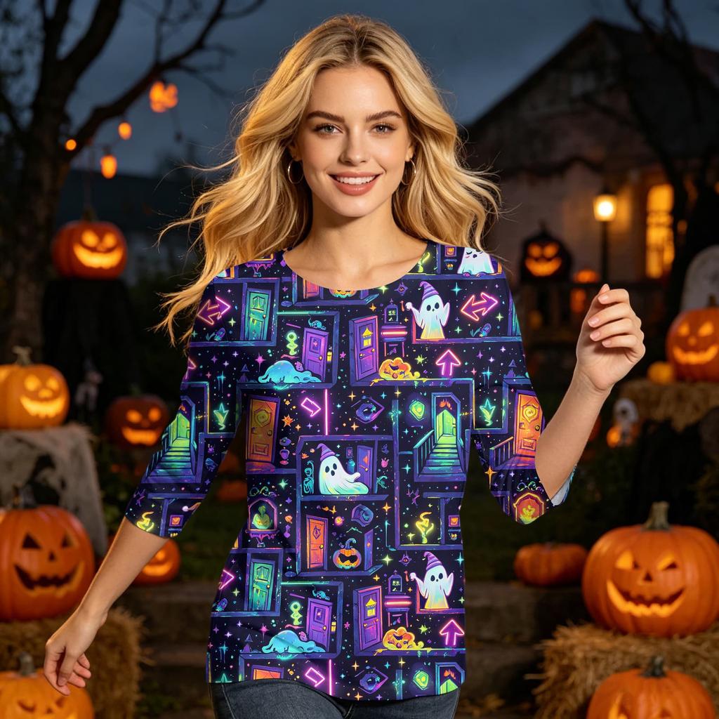 Women’s Casual Three Quarter Sleeve Halloween Printed Crew Neck Top Loose Fit Pullover Comfortable Lightweight Shirt Blouse