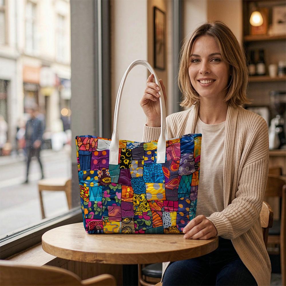 Colorful Patchwork Tote Bag for Daily Casual Shopping Lightweight Top Handle Carry Bag Trendy Portable Shoulder Handbag