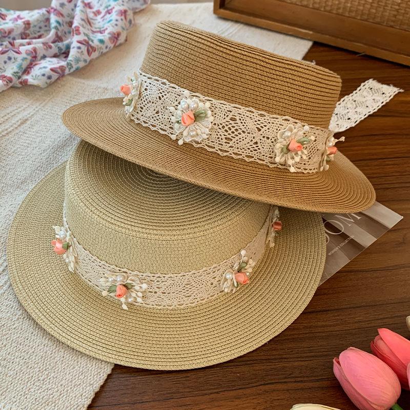 Butterfly Knot Flat Top Straw Hat for Women's Summer New Flower Lace Hat for Beach Shading and Sun Protection Straw Woven Hat