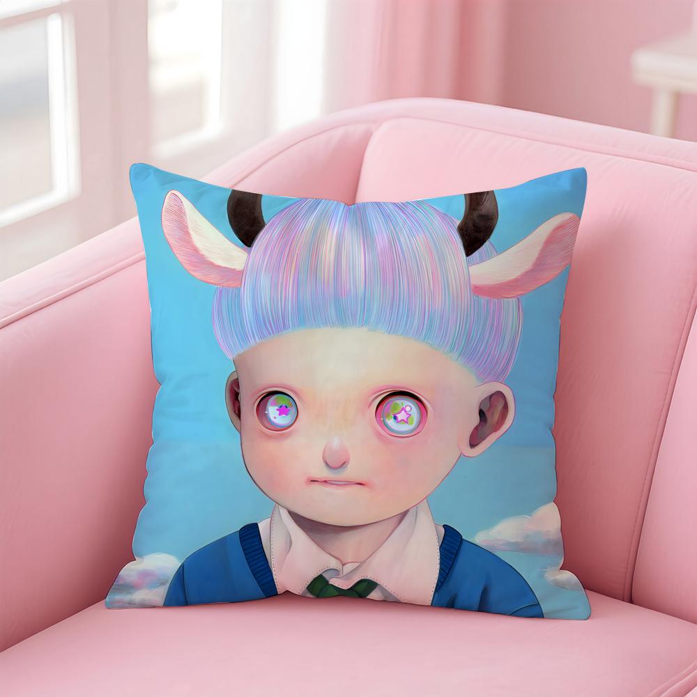 Whimsical Japanese Abstract Art Cute Emo HHikari Shimoda Cushion Cover Pillow Case Soft Skin Friendly Fabric Concealed Zipper