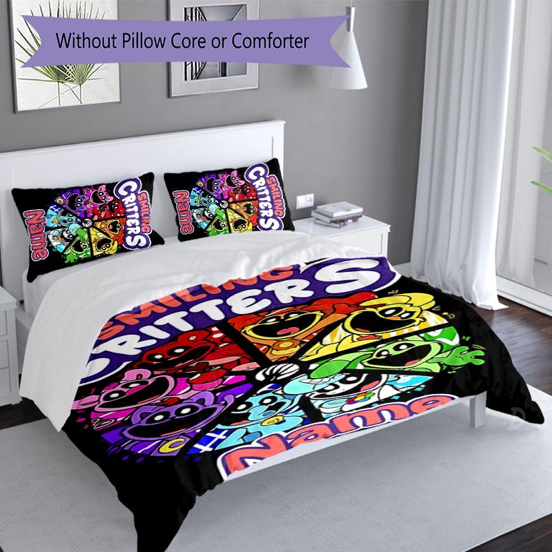 Set Biancheria da Letto 3 Pezzi Critters Sorridenti con Nome Personalizzato, Include 1 Copripiumino e 2 Federe, Arredo Camera da Letto per Tutte le Stagioni