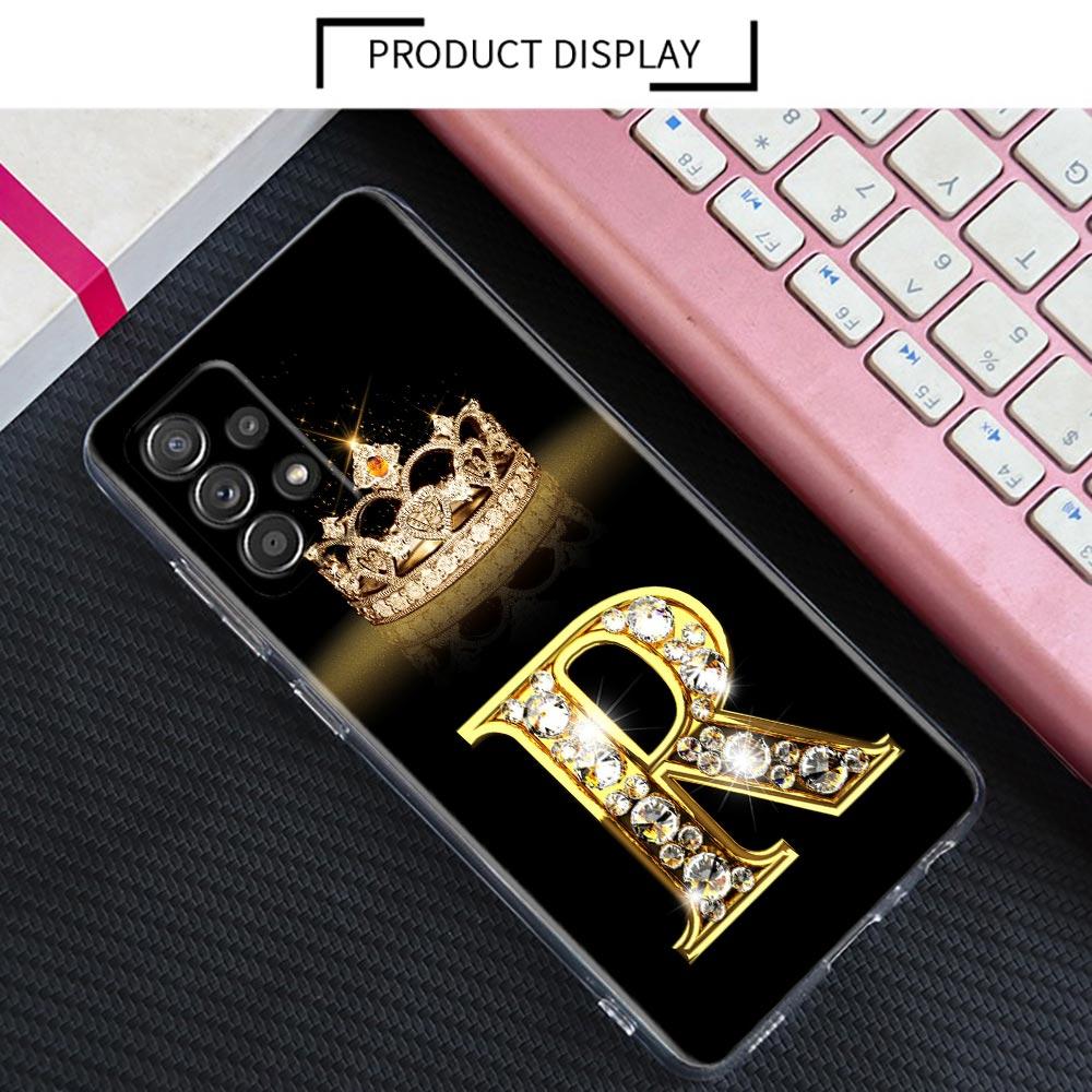 Diamond Crown Initials Letter N T Z P Case For Samsung Galaxy A55 A35 A06 A52 5G A53 A72 A53 A15 A51 A33 A32 A41 A23 Phone Cover