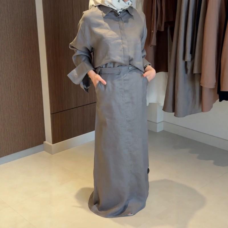 Womens 2026 Casual 2-Piece Set Loose Long Sleeve Shirt Maxi Skirt Solid Color Elegant