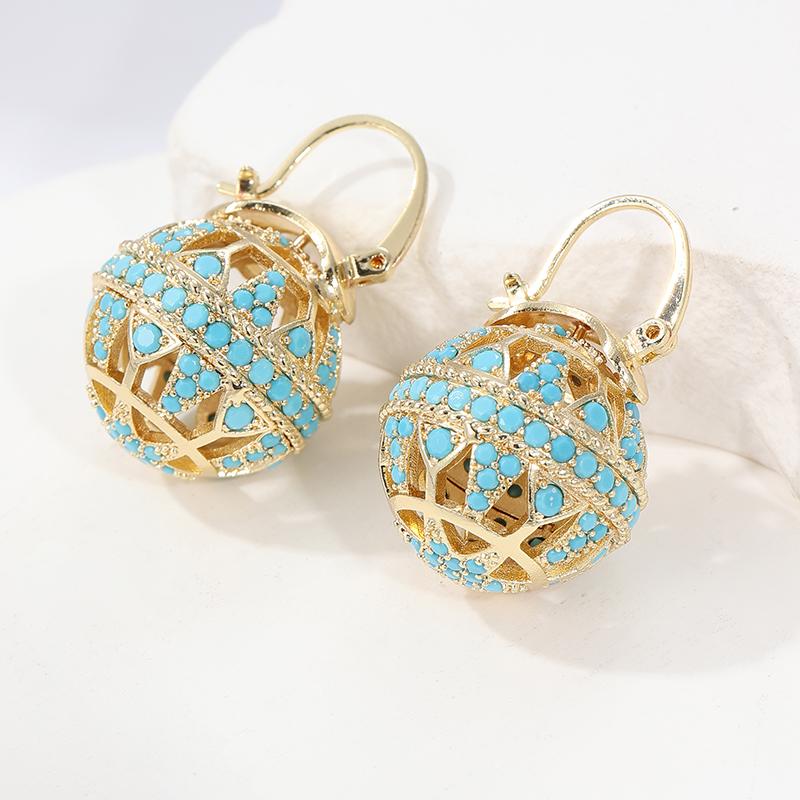 Exquisite  Hand Carved Inlaid Synthetic Turquoise Hollowed Ball Dangle Earrings for Women Banquet Festival Jewelry Gifts
