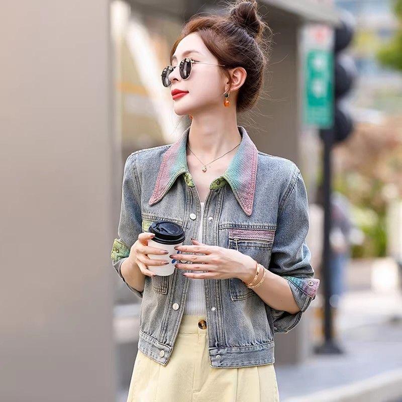 Spring Colorful Short Denim Jacket Women Vintage Hong Kong Style Motorcycle Coat Workwear Collar