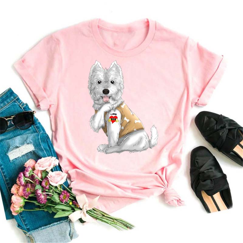 I Love Mom Print Damen T-Shirt Lustige Hundedruck Tops Harajuku Hunde-T-Shirt Sommer Kurzarm Graphic Tee Damen Kleidung