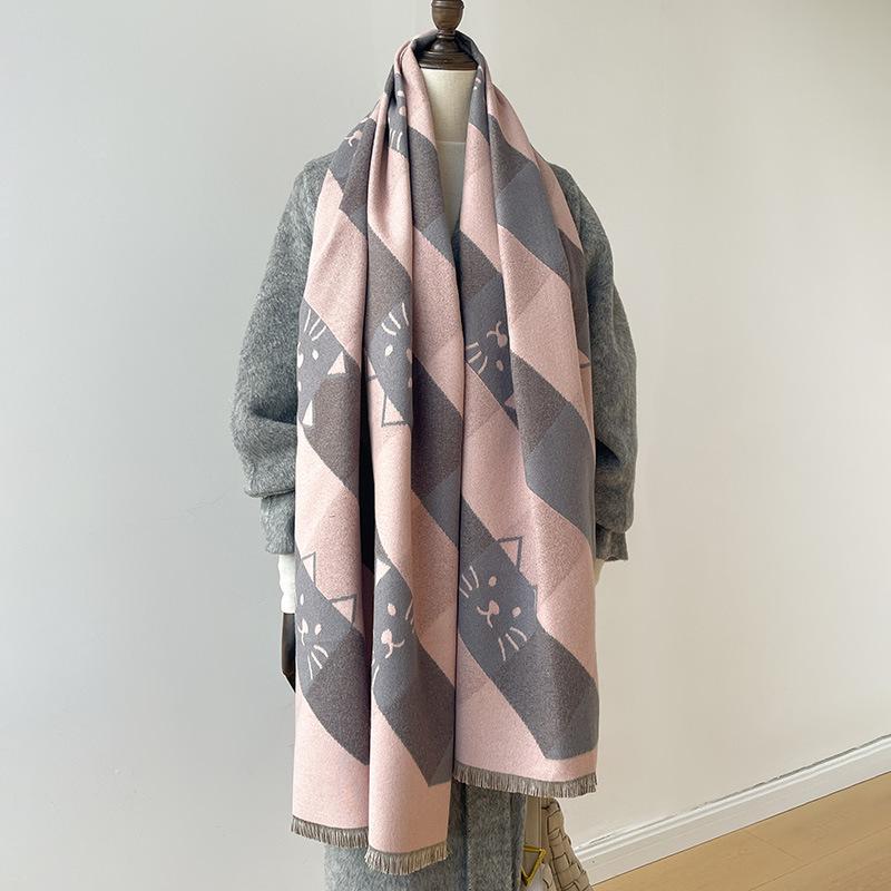 Geometric Square Slash Kitten Decorative Animal Sweet And Cute Xiaoqing Fresh Wind Autumn And Winter Women'S Imitation Cashmere Scarf
