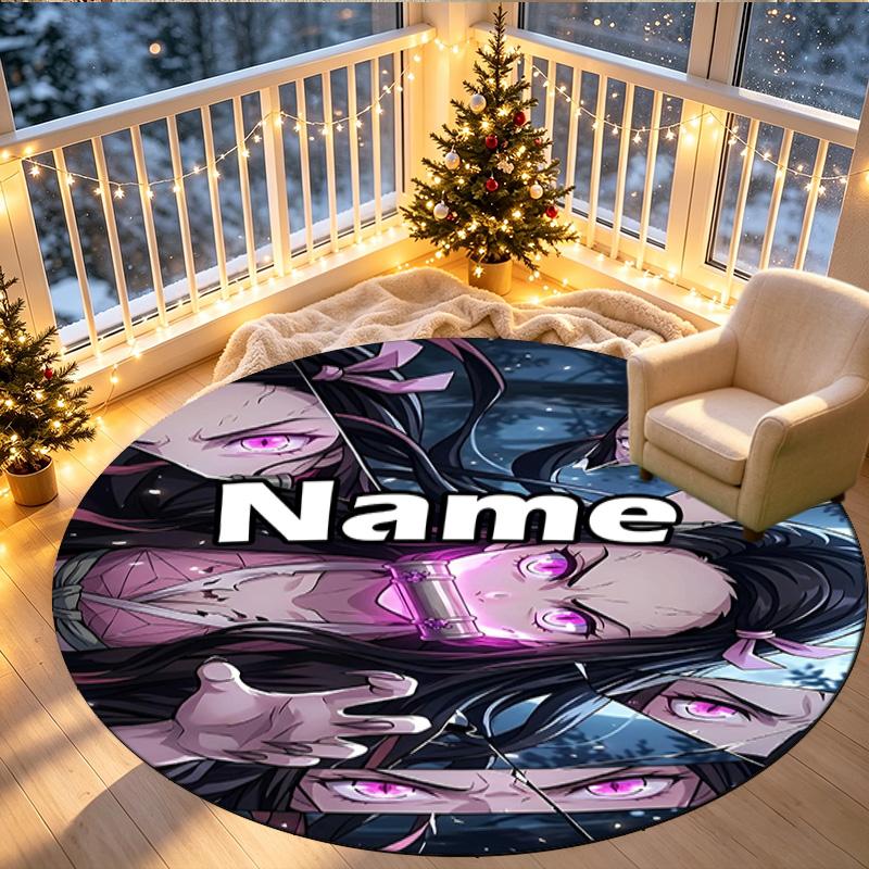 Custom Name Personalized Demon Slayer Print Round Rug, Versatile Home Decor Carpet, for Playroom, Apartment, Balcony, Entryway, Hallway Gift