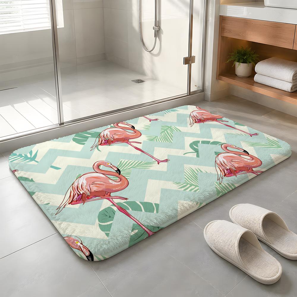 Cabana Stripe Flamingo Floor Mat Machine Washable Soft Flannel Area Rug, Non-Slip Absorbent Floor Mat for Living Room Bedroom