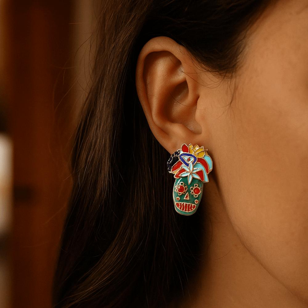 Flower Dripping Oil Skull Earrings Rhinestone Enamel Skeleton Stud Earrings Vintage Earring  Autumn