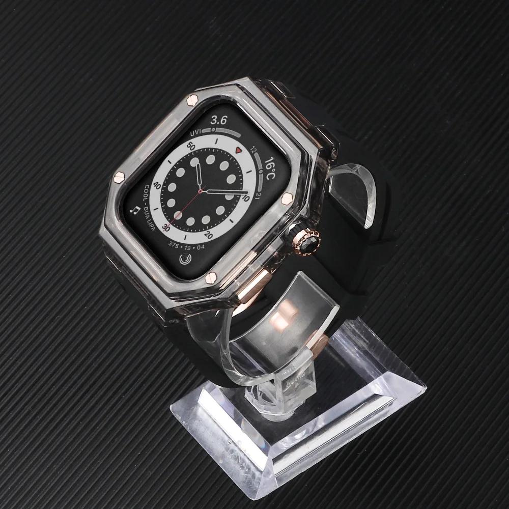 Silicone Strap+ Transparent Case for Apple Watch ultra2 49mm 44mm 45mm Sport Band Bezel for iwatch series 9 8 7 SE 6 5 4 Mod Kit