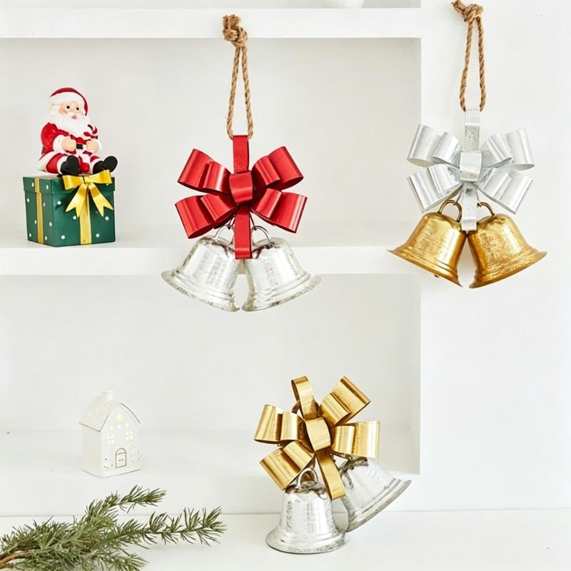 Three-Dimensional Metal Christmas Bowknot Decoration with 2 Iron Bells and Top Hanging Loop for Storefronts and Hotel Lobbies