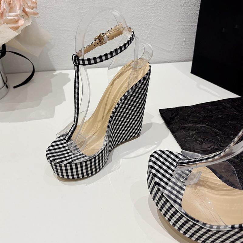 Liyke Sommer PVC Transparent Damen Keilsandalen Mode Schwarz Weiß Gitter Plateau High Heels Sexy Offene Zehen Party Kleiderschuhe