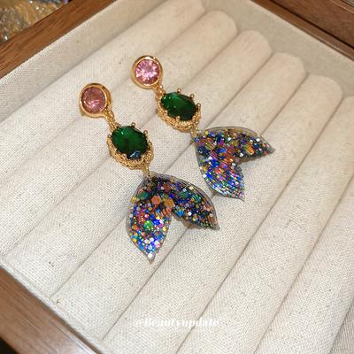 Silver Needle Mermaid Tail Diamond Earrings Temperament Studs Medieval Retro Earrings