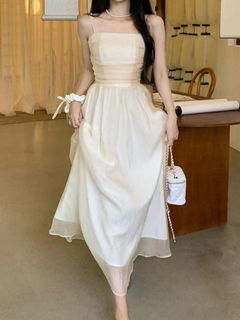 Women's 2024 French White Spaghetti Strap Slimming Evening Dress