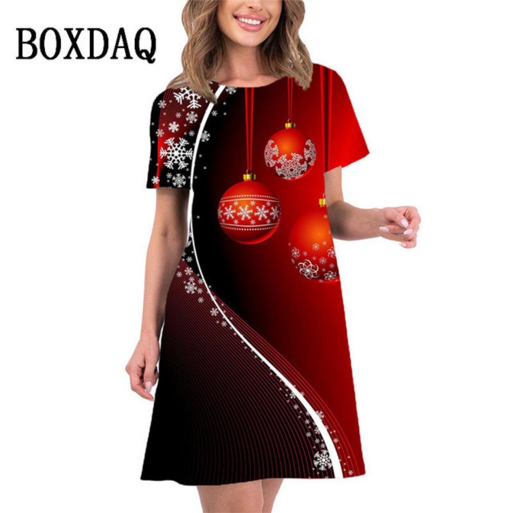 2026 new summer women's elegant christmas tree print mini dress short-sleeved loose casual beach sweet dress