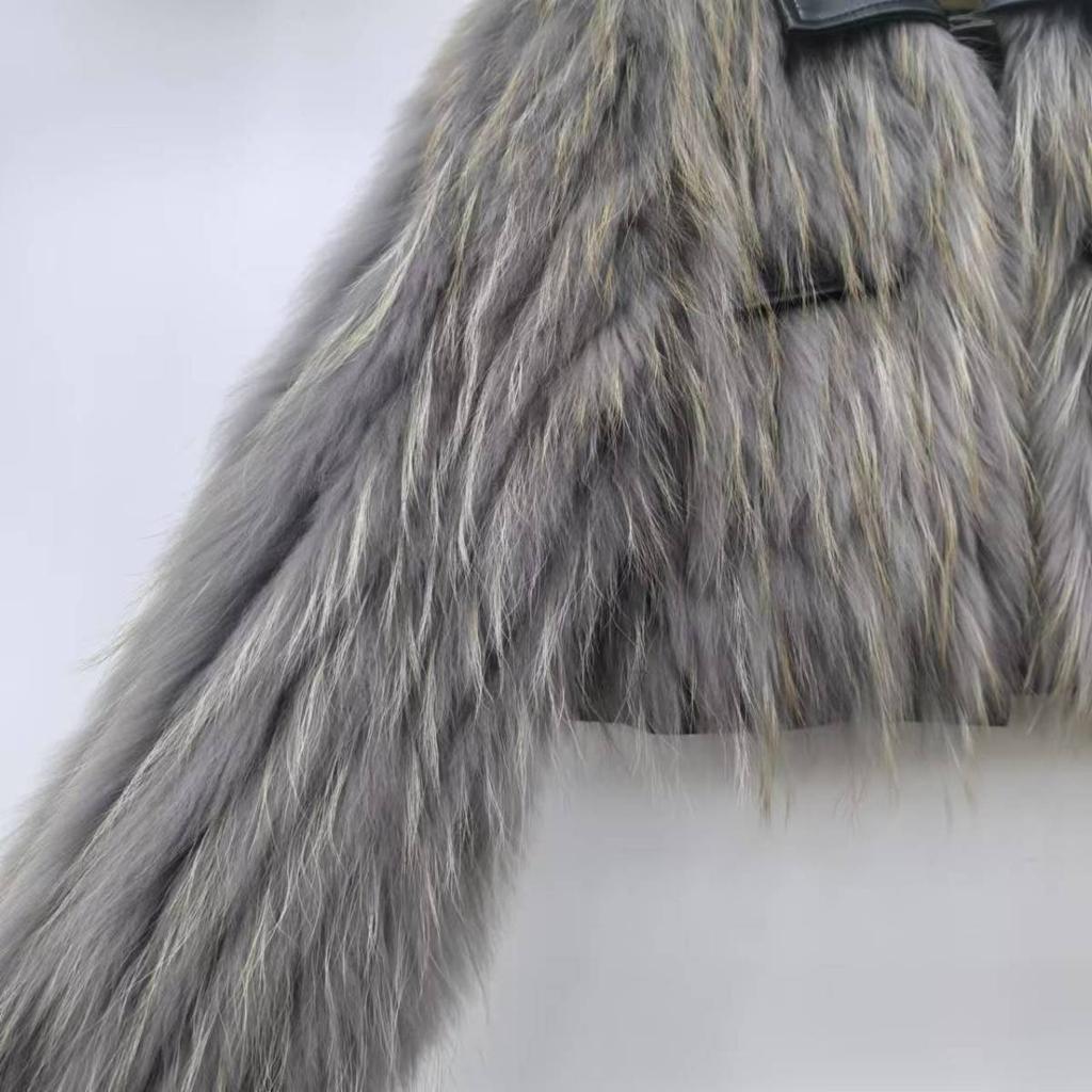 Women's Short Real Raccoon Wool Coat Sheepskin Square Collar Youthful Slim Fur Striped Coat for Women