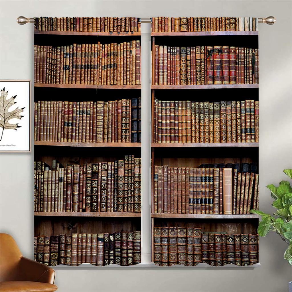 2Pcs Bookcase Vintage Pattern Print Window Curtains, Polyester Rod Pocket Window Curtains For Bedroom Space Living Space Office Bedroom Space And