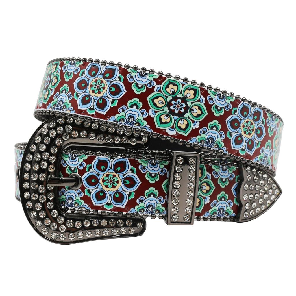 Rhinestone Belt Print High-end Pattern Women's Retro Ethnic Belt Flower Totem Ethnic Belt
