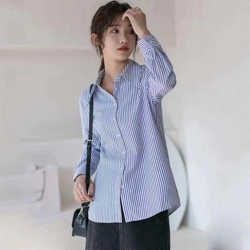

Women s Spring Casual Striped Shirts Long Sleeve Button Up Turn Down Collar Loose Fit Blouses S бежевий