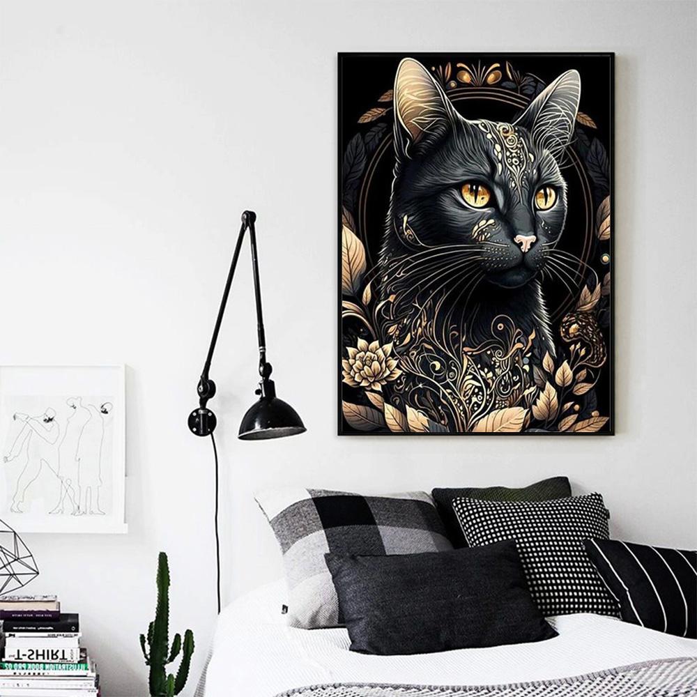 Portrait Painting Black Golden Cat Flowers Canvas Painting Animal Posters Prints Wall Art for Living Room Home Decor Gift No Frame