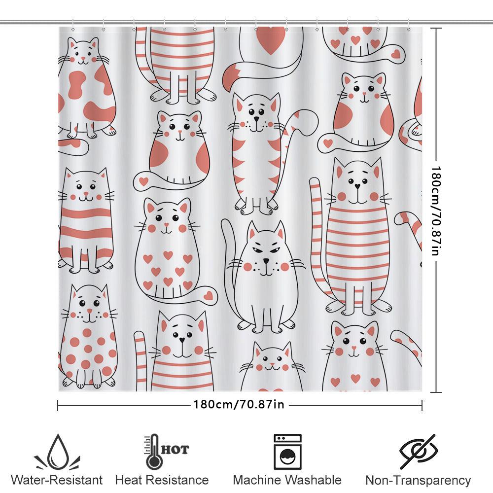 Cat Print Shower Curtain Striped Pink Hearts Pattern Waterproof Fabric Waterproof Bath Rugs Decor For Home Decoration
