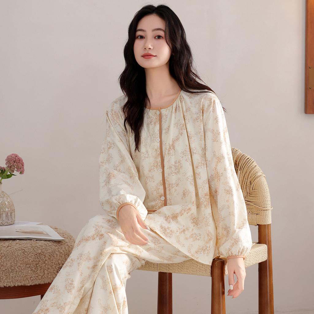 Pajamas women's spring and autumn pure cotton long-sleeved chest pad middle-aged mother autumn 1011 new anti-bumping loungewear