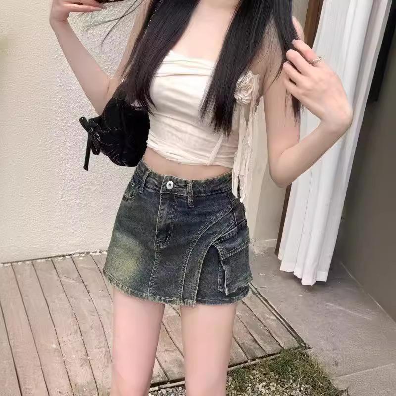 2024 Summer American Retro High-Waist A-Line Denim Skirt with Pockets