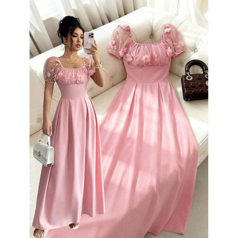 Europe, America 2026 summer new fashion square neck bubble sleeve lace waist slim romantic elegant dress