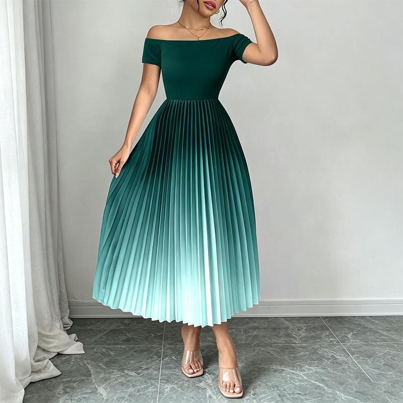 Women s Off-the-Shoulder Gradient Pleated Midi Dress, Elegant A-Line Slim Fit Flowy Cocktail Party Dress S