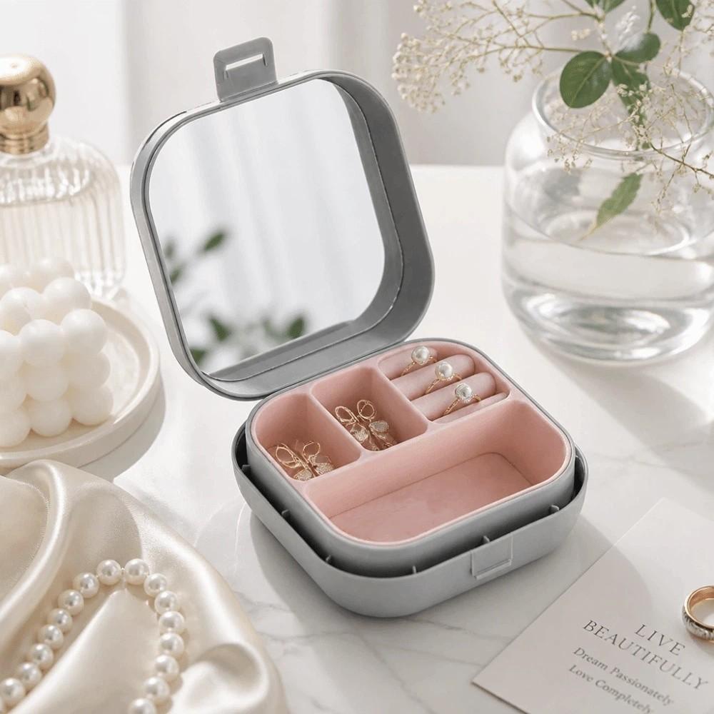 Portable Jewelry Box with Compartment Box with Mirror Small Desktop Organizer Makeup