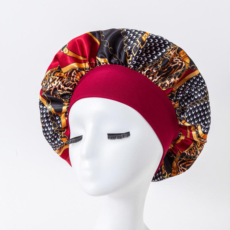 European American Print Satin Sleep Cap - Wide Brim Silky Hair Protection Hat for Women