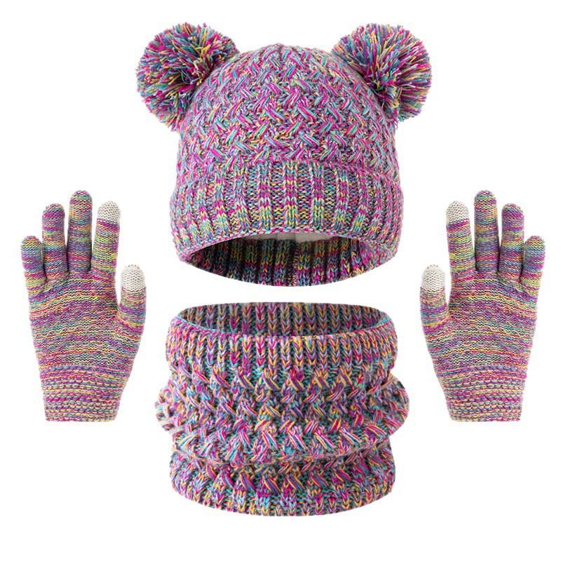 3pc3-12Y Children's Hat, Scarf and Glove Set, Children's Thickened Winter Hat with Snowflake Color Pattern Knitted Cap