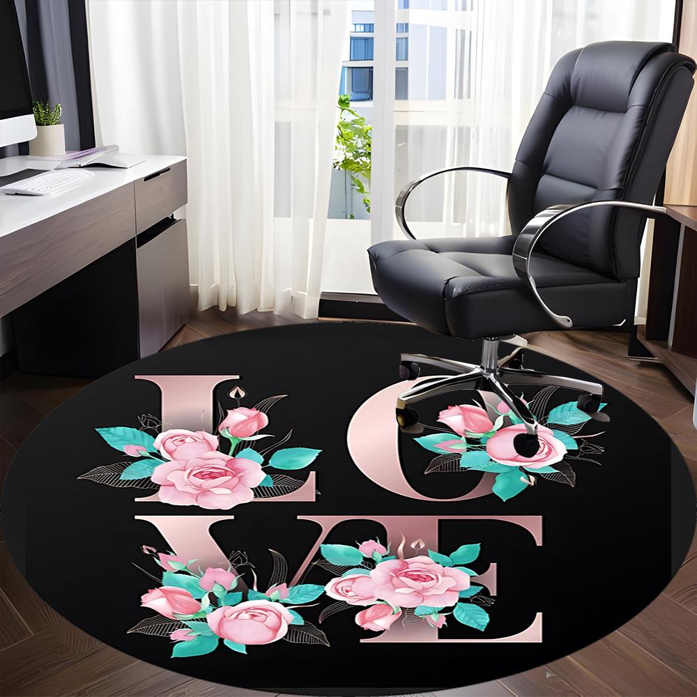 1 st Blommigt Kärlekstryck Stolmatta för Kontor, Rund Polyestermatta, Inomhusdekor för Kontor, Lättskött Tyg, Tvättbar Halkfri Områdesmatta