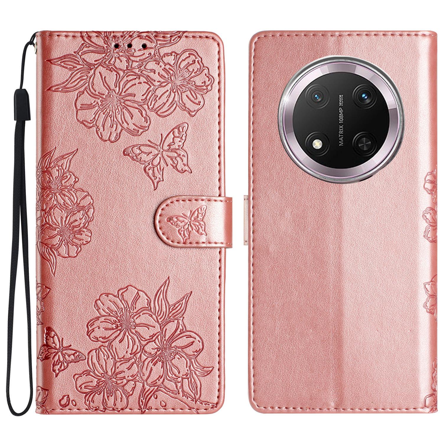 

For Honor X9c 5G Case Butterfly Flower Drop-Proof PU Leather Wallet Phone Cover Rose Gold