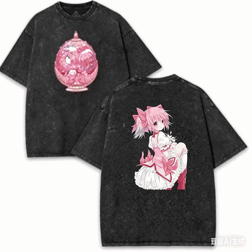 2026 Puella Magi Madoka Magica Madoka Kaname Vintage Washed Printed Loose Pure Cotton Short Sleeve Fan T-shirt
