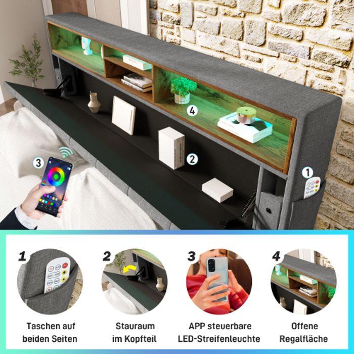 Lit double capitonné - MUVOE - 140x200CM - Tête de lit avec éclairage LED - Rangement intégré - Gris