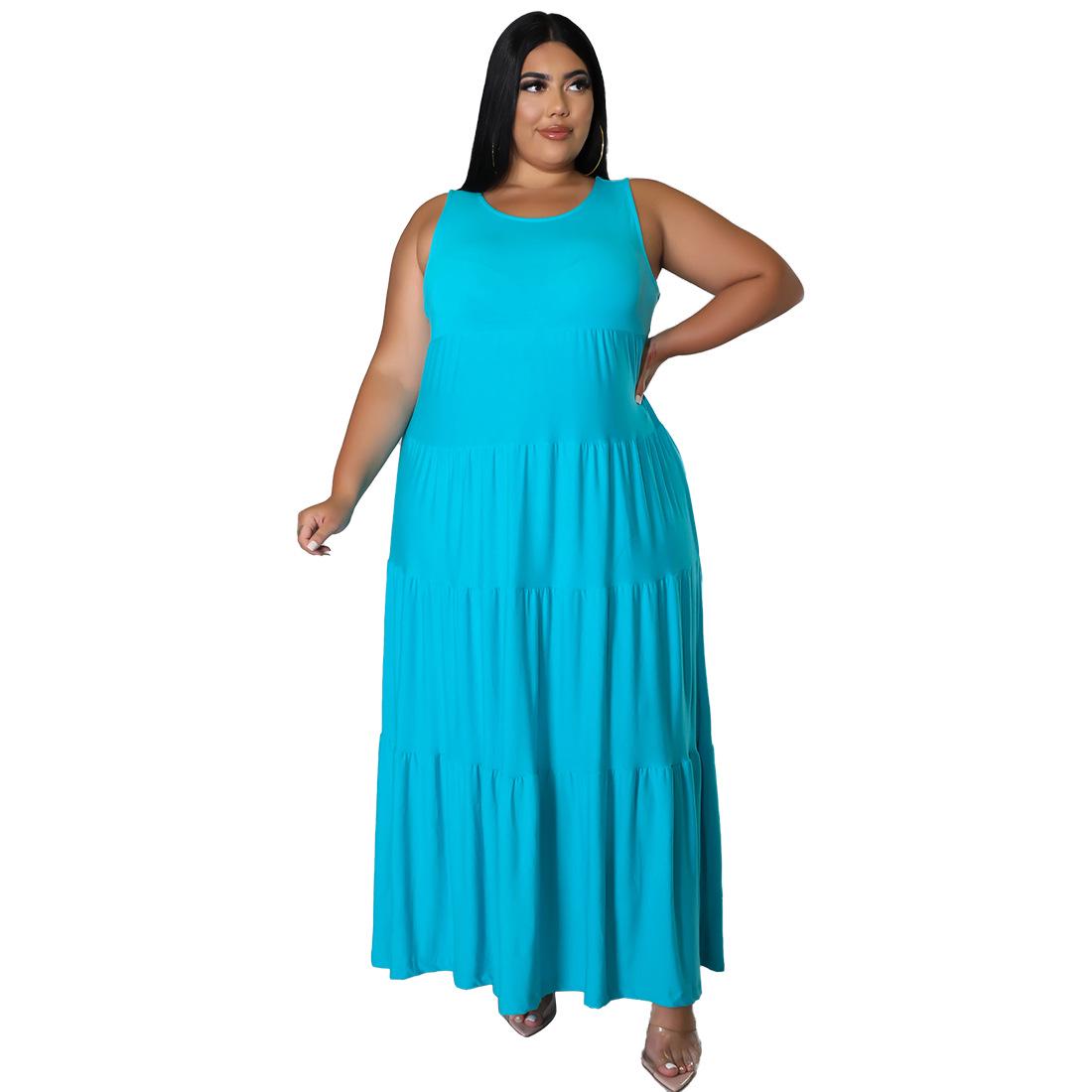 

2022 Весна/Лето Женское Платье Без Рукавов с Круглым Вырезом Однотонное Большое Платье-Свинг XL светло-синий