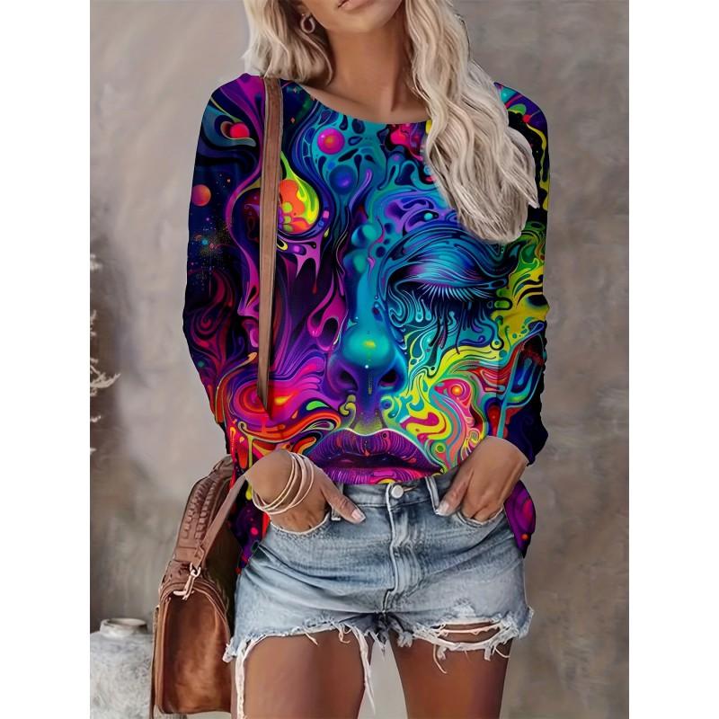 Womens Casual Abstract Print Long Sleeve Crew Neck T-Shirt 3D Effect 2025 Comfort Fit